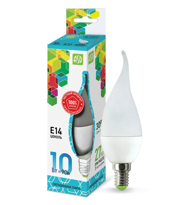 Лампа сд LED-СВЕЧА НА ВЕТРУ-std 10Вт 230В Е14 4000К 900Лм ASD