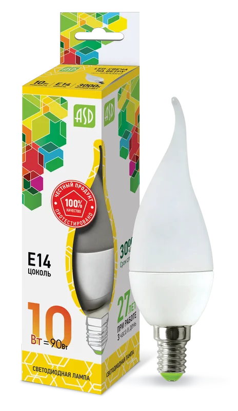 Лампа сд LED-СВЕЧА НА ВЕТРУ-std 10Вт 230В Е14 3000К 900Лм ASD