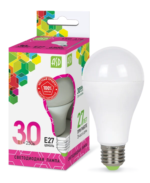 Лампа сд LED-A70-std 30Вт 230В Е27 6500К 2700Лм ASD