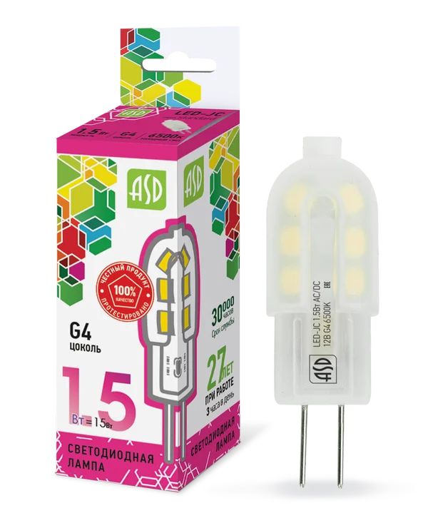 Лампа сд LED-JC-std 1.5Вт 12В G4 6500К 135Лм ASD
