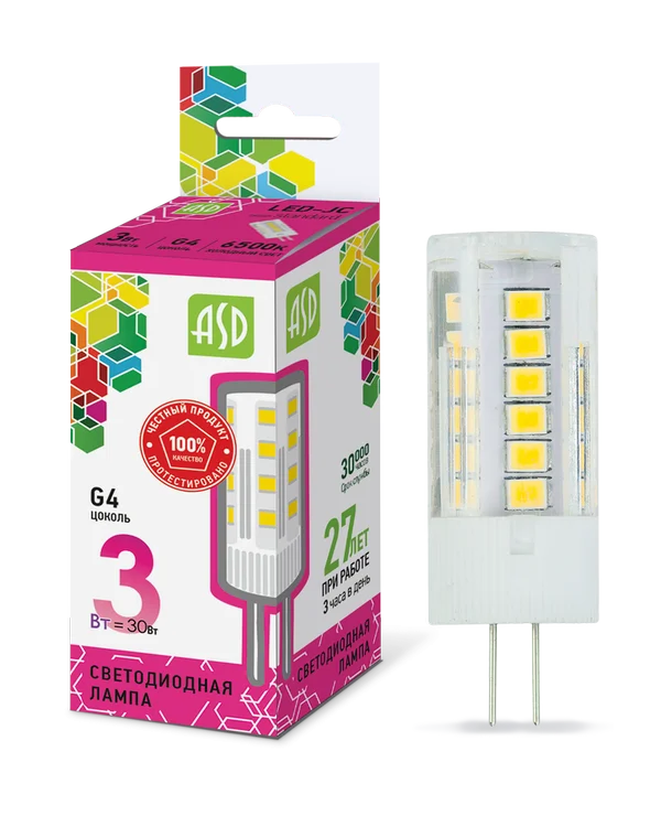 Лампа сд LED-JC-std 3Вт 12В G4 6500К 270Лм ASD