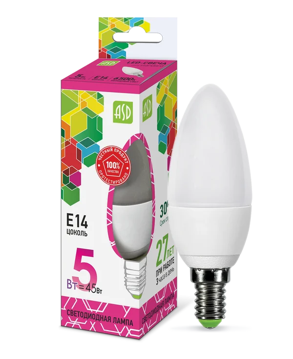 Лампа сд LED-СВЕЧА-std 5Вт 230В Е14 6500К 450Лм ASD