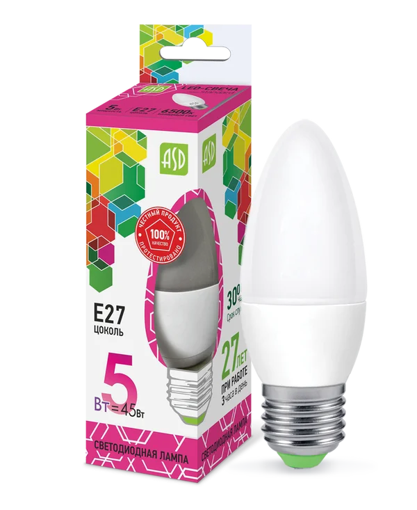 Лампа сд LED-СВЕЧА-std 5Вт 230В Е27 6500К 450Лм ASD