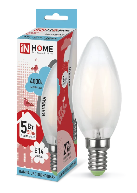 Лампа сд LED-СВЕЧА-deco 5Вт 230В Е14 4000К 450Лм матовая IN HOME