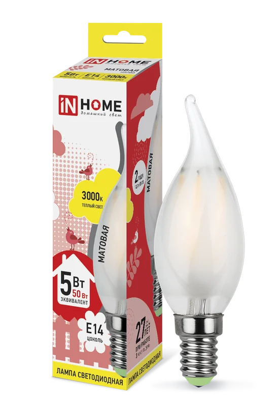 Лампа сд LED-СВЕЧА НА ВЕТРУ-deco 5Вт 230В Е14 3000К 450Лм матовая IN HOME