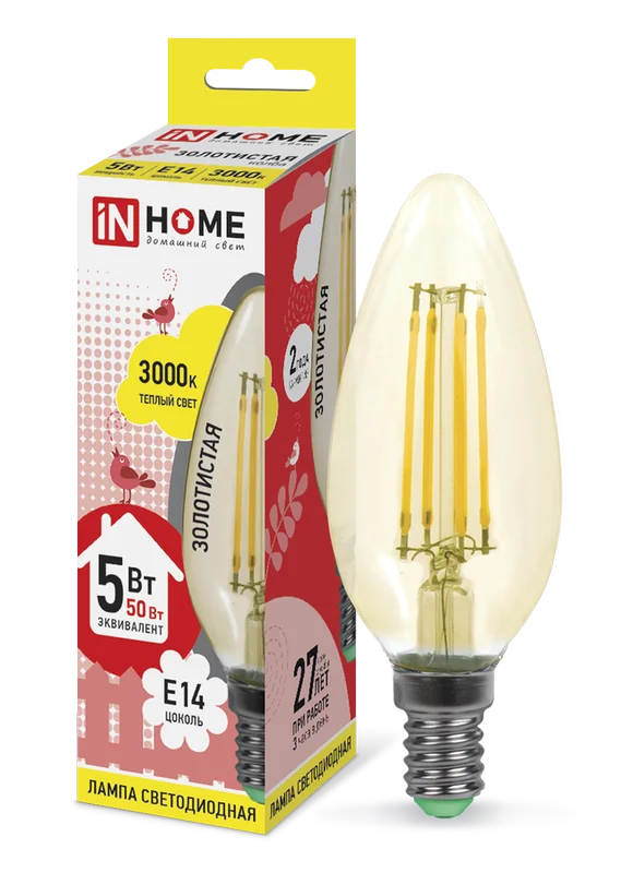 Лампа сд LED-СВЕЧА-deco 5Вт 230В Е14 3000К 450Лм золотистая IN HOME