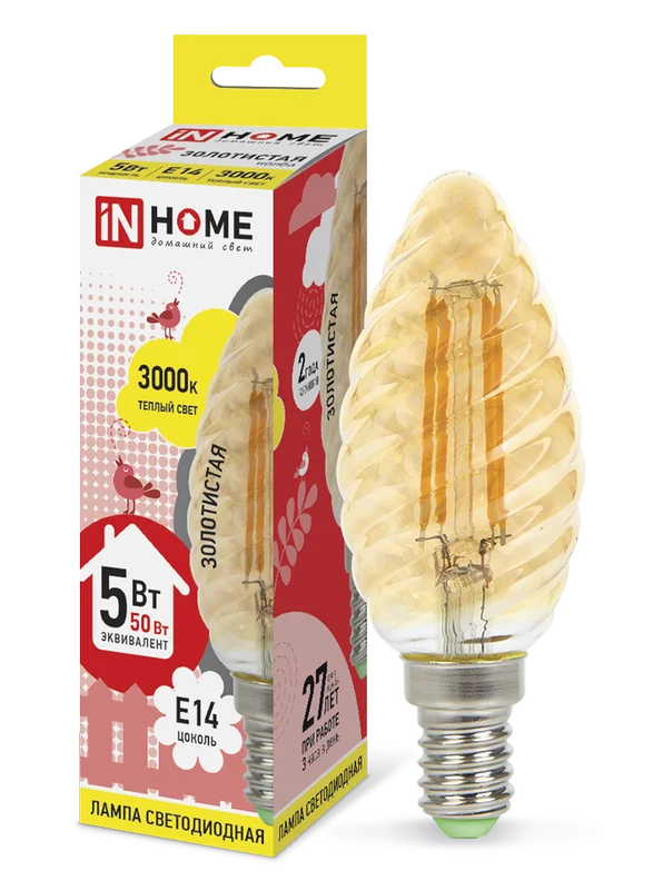 Лампа сд LED-СВЕЧА ВИТАЯ-deco 5Вт 230В Е14 3000К 450Лм золотистая IN HOME