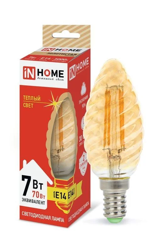 Лампа сд LED-СВЕЧА ВИТАЯ-deco 7Вт 230В Е14 3000К 630Лм золотистая IN HOME