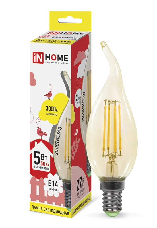 Лампа сд LED-СВЕЧА НА ВЕТРУ-deco 5Вт 230В Е14 3000К 450Лм золотистая IN HOME