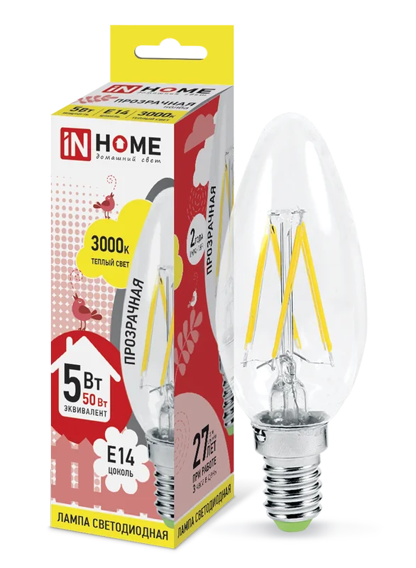 Лампа сд LED-СВЕЧА-deco 5Вт 230В Е14 3000К 450Лм прозрачная IN HOME