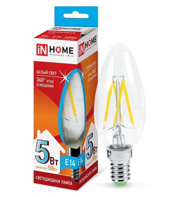 Лампа сд LED-СВЕЧА-deco 5Вт 230В Е14 4000К 450Лм прозрачная IN HOME
