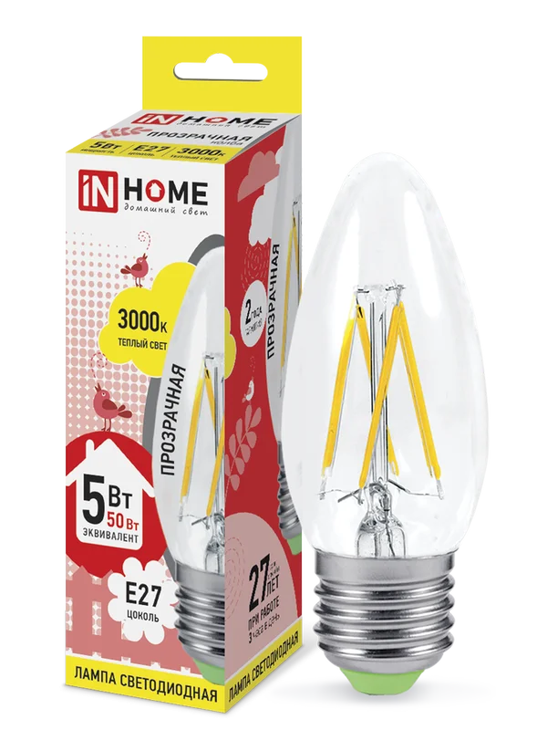 Лампа сд LED-СВЕЧА-deco 5Вт 230В Е27 3000К 450Лм прозрачная IN HOME