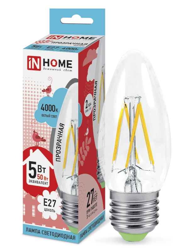 Лампа сд LED-СВЕЧА-deco 5Вт 230В Е27 4000К 450Лм прозрачная IN HOME