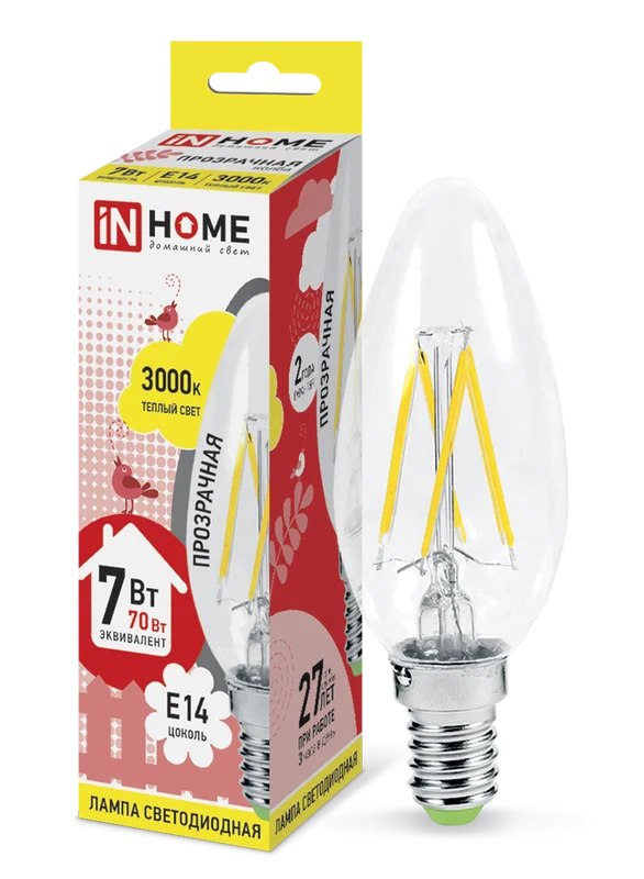 Лампа сд LED-СВЕЧА-deco 7Вт 230В Е14 3000К 630Лм прозрачная IN HOME