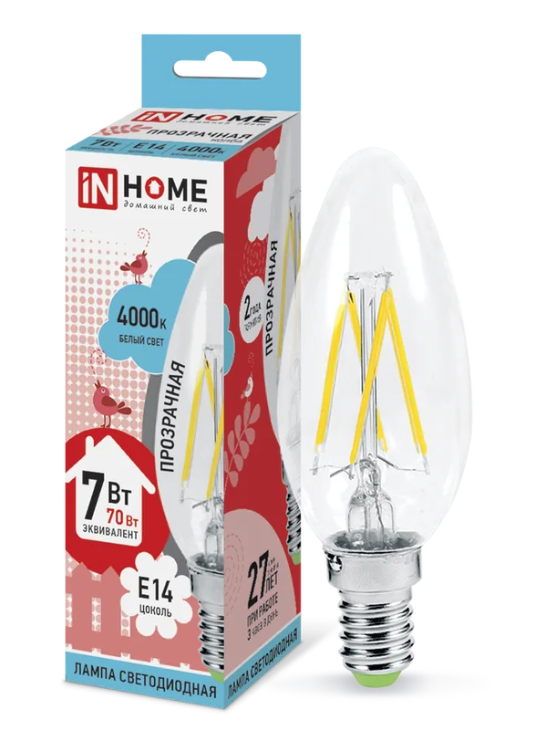 Лампа сд LED-СВЕЧА-deco 7Вт 230В Е14 4000К 630Лм прозрачная IN HOME