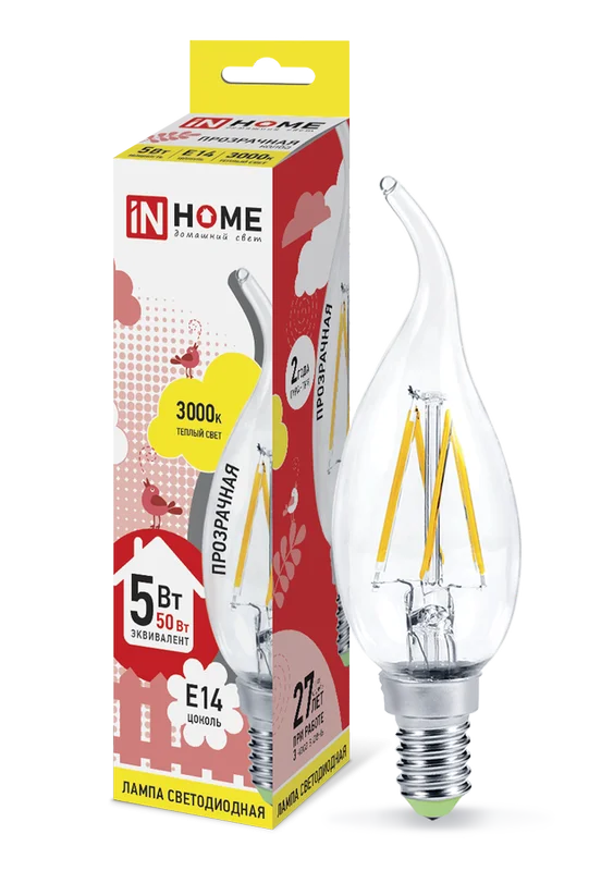 Лампа сд LED-СВЕЧА НА ВЕТРУ-deco 5Вт 230В Е14 3000К 450Лм прозрачная IN HOME
