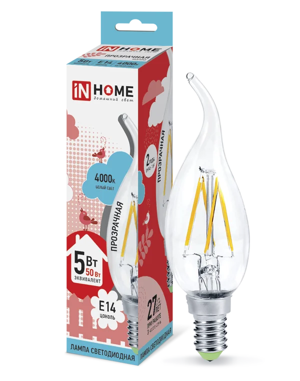 Лампа сд LED-СВЕЧА НА ВЕТРУ-deco 5Вт 230В Е14 4000К 450Лм прозрачная IN HOME