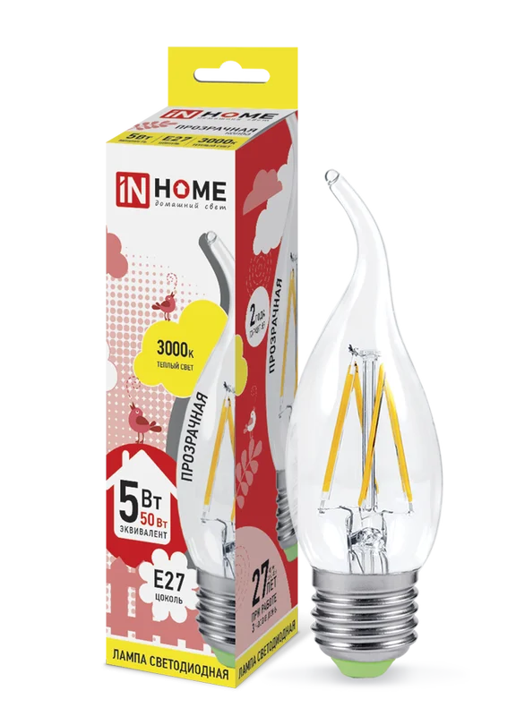 Лампа сд LED-СВЕЧА НА ВЕТРУ-deco 5Вт 230В Е27 3000К 450Лм прозрачная IN HOME