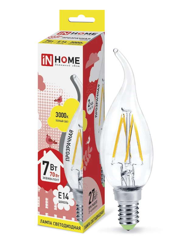 Лампа сд LED-СВЕЧА НА ВЕТРУ-deco 7Вт 230В Е14 3000К 630Лм прозрачная IN HOME