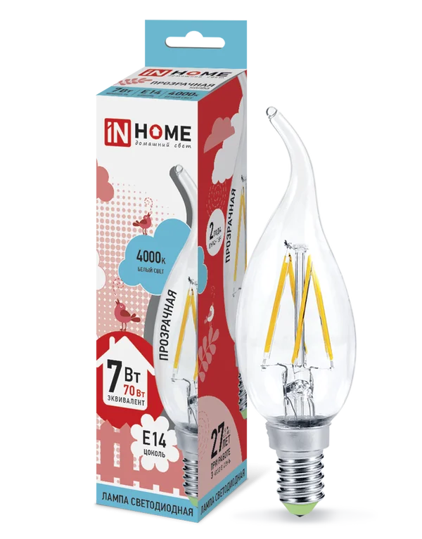 Лампа сд LED-СВЕЧА НА ВЕТРУ-deco 7Вт 230В Е14 4000К 630Лм прозрачная IN HOME