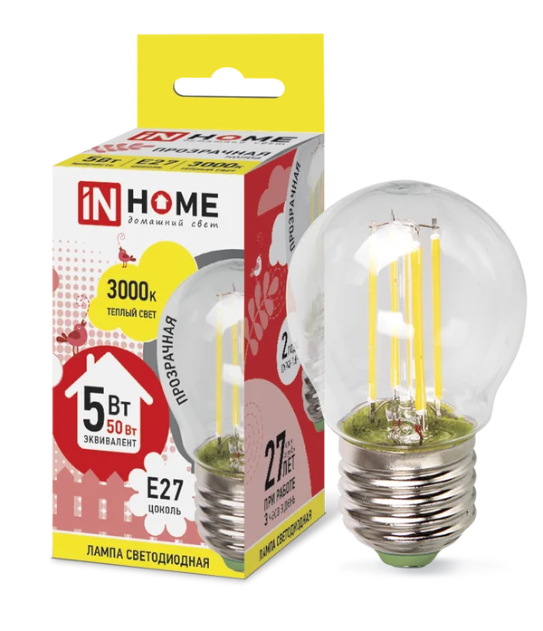 Лампа сд LED-ШАР-deco 5Вт 230В Е27 3000К 450Лм прозрачная IN HOME
