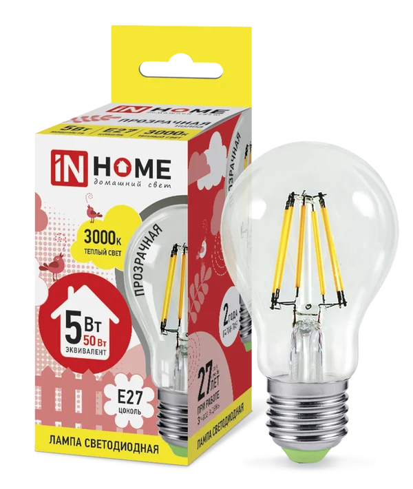 Лампа сд LED-A60-deco 5Вт 230В Е27 3000К 450Лм прозрачная IN HOME