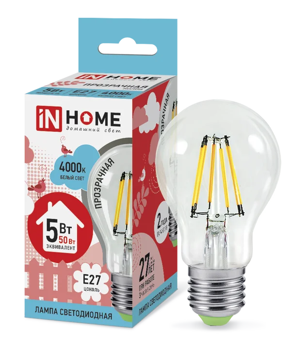 Лампа сд LED-A60-deco 5Вт 230В Е27 4000К 450Лм прозрачная IN HOME