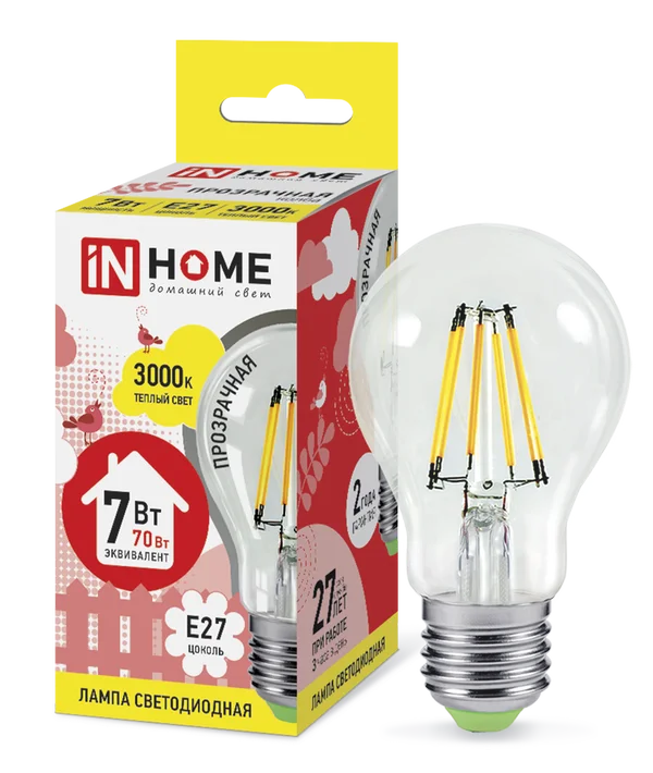 Лампа сд LED-A60-deco 7Вт 230В Е27 3000К 630Лм прозрачная IN HOME