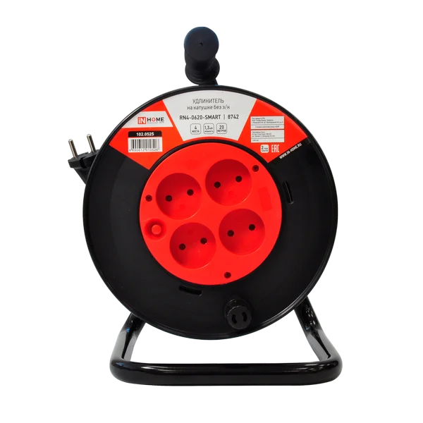 Удлинитель на катушке RN4-0620-SMART с термозащитой четырехместный без заземления 6А 20м 8742 INHOME