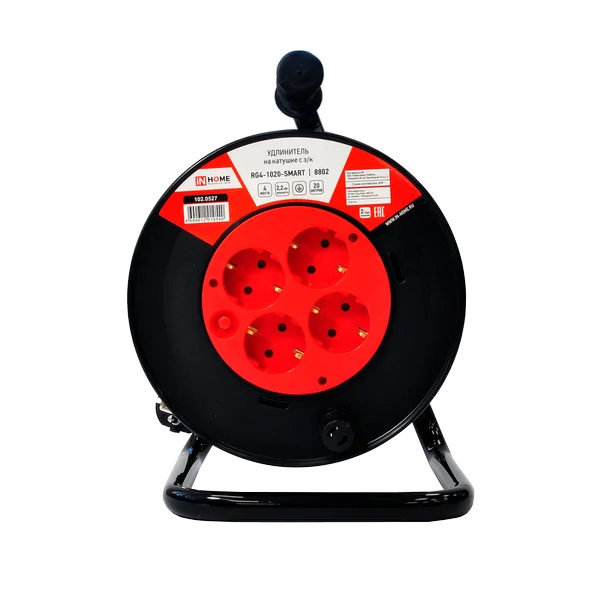 Удлинитель на катушке RG4-1020-SMART с термозащитой четырехместный с заземлением 10А 20м 8802 INHOME