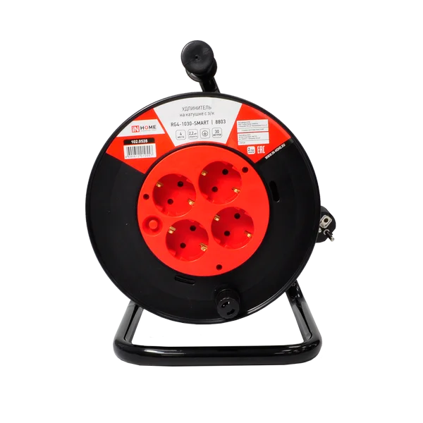 Удлинитель на катушке RG4-1030-SMART с термозащитой четырехместный с заземлением 10А 30м 8803 INHOME