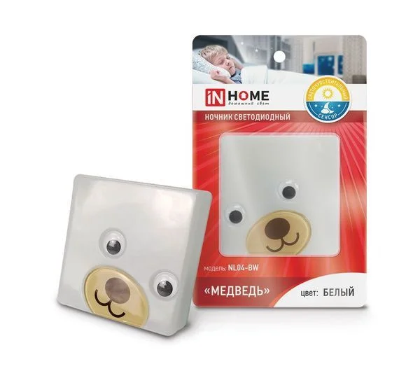 Ночник сд NL04-BW Медведь с датчиком освещения 230В БЕЛЫЙ IN HOME