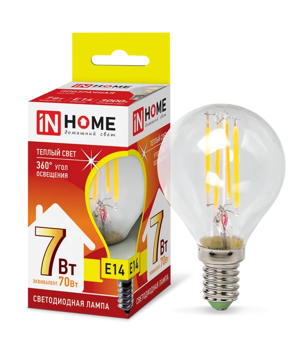 Лампа сд LED-ШАР-deco 7Вт 230В Е14 3000К 630Лм прозрачная IN HOME
