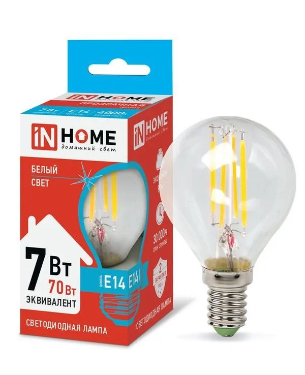 Лампа сд LED-ШАР-deco 7Вт 230В Е14 4000К 630Лм прозрачная IN HOME