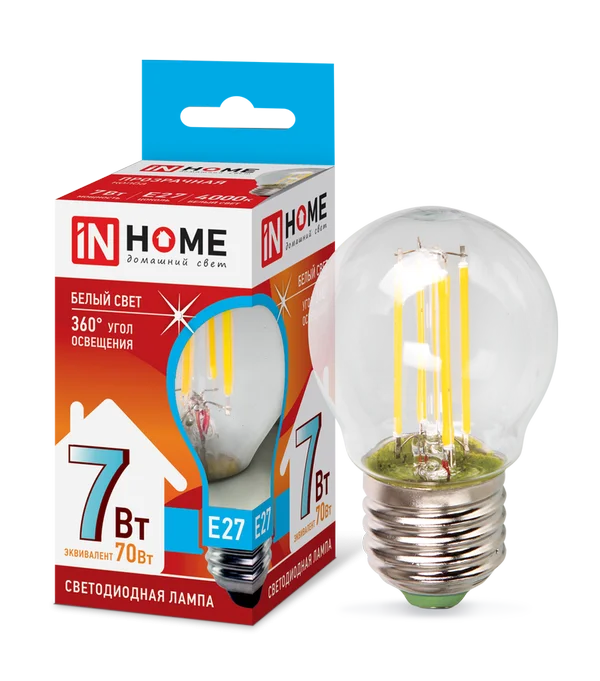 Лампа сд LED-ШАР-deco 7Вт 230В Е27 4000К 630Лм прозрачная IN HOME