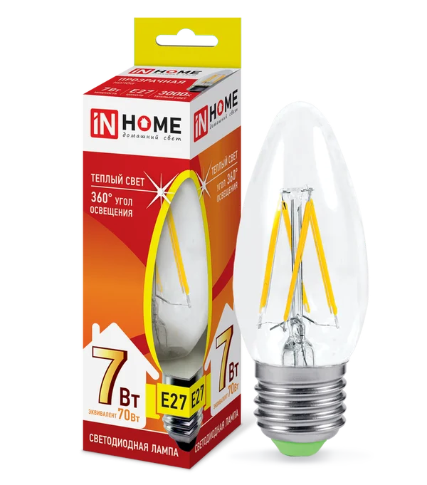Лампа сд LED-СВЕЧА-deco 7Вт 230В Е27 3000К 630Лм прозрачная IN HOME