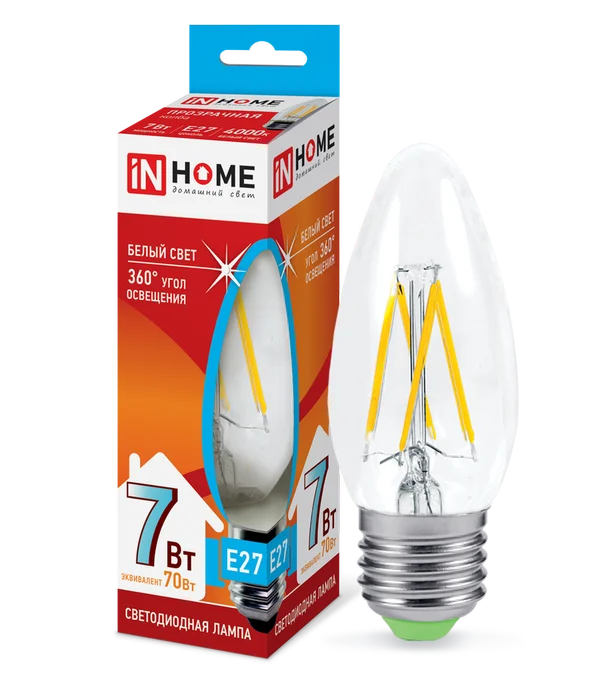 Лампа сд LED-СВЕЧА-deco 7Вт 230В Е27 4000К 630Лм прозрачная IN HOME