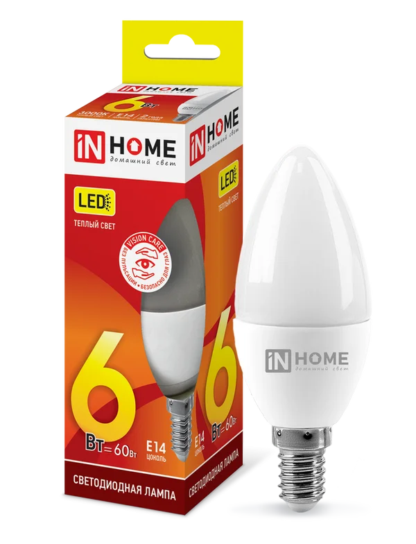 Лампа сд LED-СВЕЧА-VC 6Вт 230В Е14 3000К 480Лм IN HOME