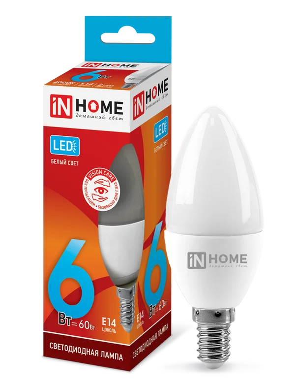 Лампа сд LED-СВЕЧА-VC 6Вт 230В Е14 4000К 480Лм IN HOME