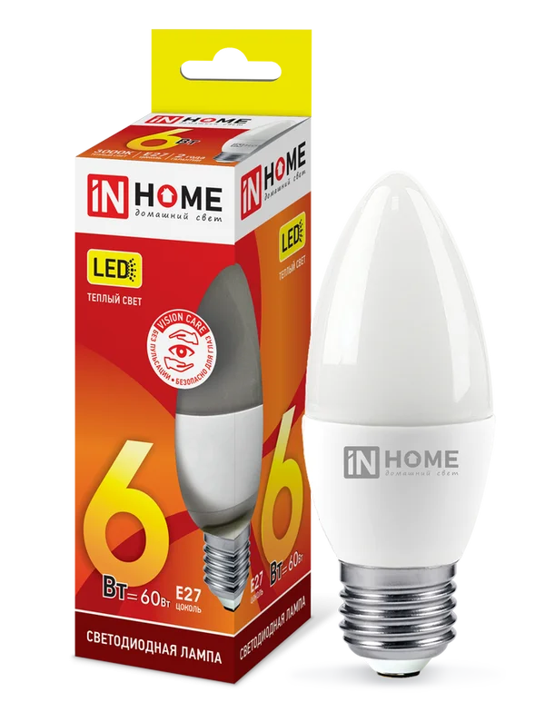 Лампа сд LED-СВЕЧА-VC 6Вт 230В Е27 3000К 480Лм IN HOME