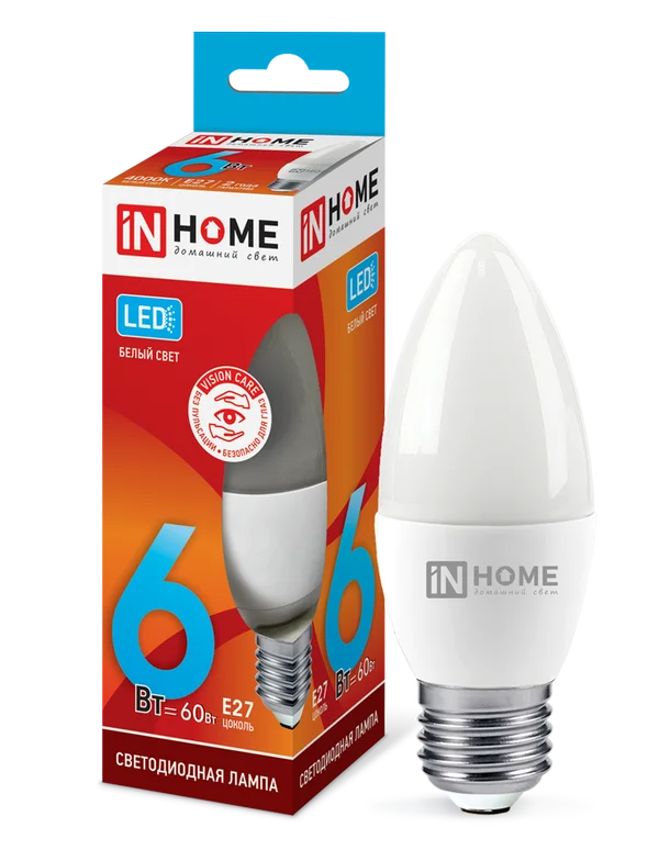 Лампа сд LED-СВЕЧА-VC 6Вт 230В Е27 4000К 480Лм IN HOME