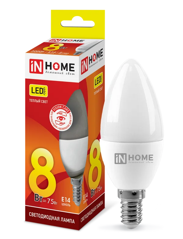 Лампа сд LED-СВЕЧА-VC 8Вт 230В Е14 3000К 600Лм IN HOME