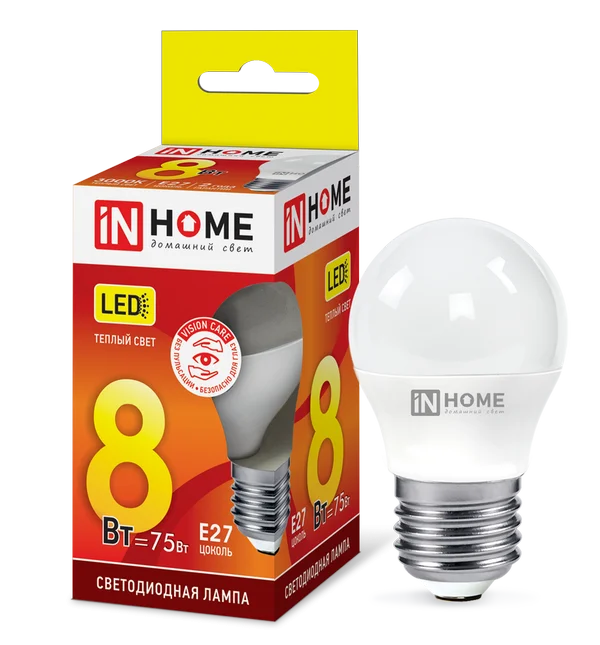 Лампа сд LED-ШАР-VC 8Вт 230В Е27 3000К 600Лм IN HOME