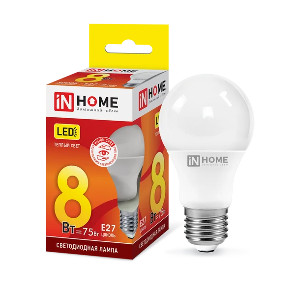 Лампа сд LED-A60-VC 8Вт 230В Е27 3000К 720Лм IN HOME