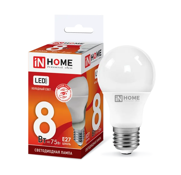 Лампа сд LED-A60-VC 8Вт 230В Е27 6500К 720Лм IN HOME