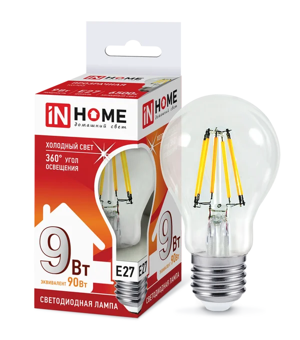 Лампа сд LED-A60-deco 9Вт 230В Е27 6500К 810Лм прозрачная IN HOME