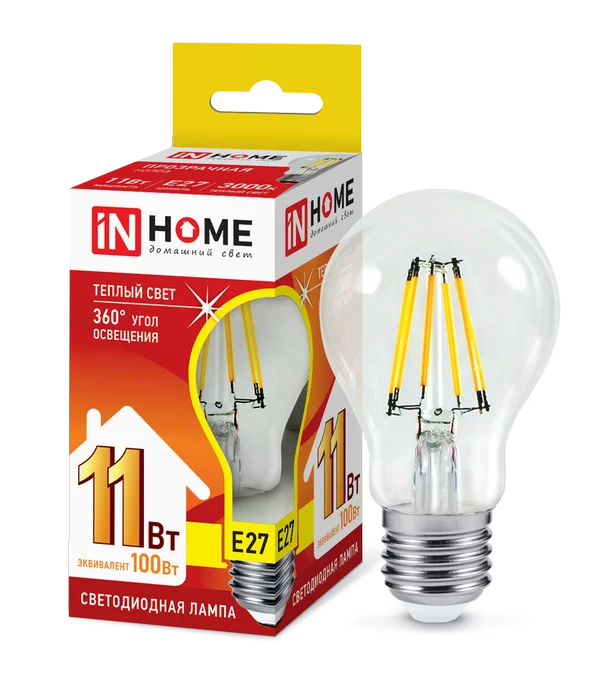 Лампа сд LED-A60-deco 11Вт 230В Е27 3000К 990Лм прозрачная IN HOME