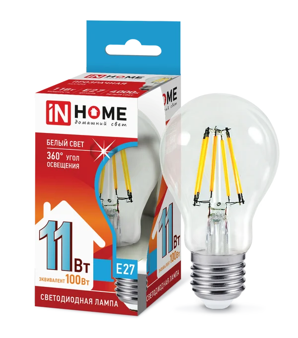 Лампа сд LED-A60-deco 11Вт 230В Е27 4000К 990Лм прозрачная IN HOME