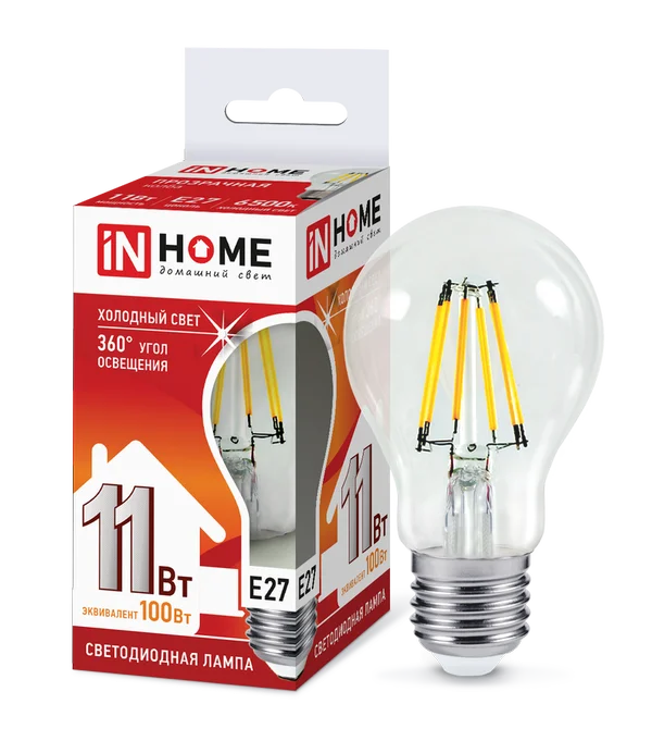 Лампа сд LED-A60-deco 11Вт 230В Е27 6500К 990Лм прозрачная IN HOME