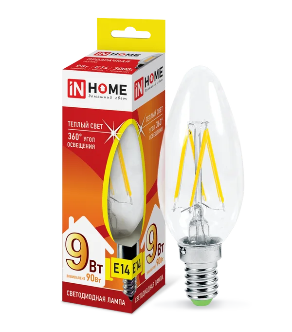 Лампа сд LED-СВЕЧА-deco 9Вт 230В Е14 3000К 810Лм прозрачная IN HOME